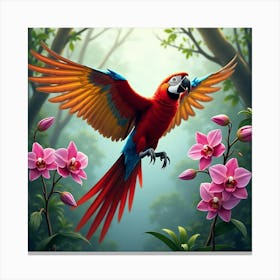 Macaw Flying By Blooming Orchids 1 Canvas Print