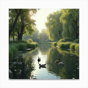 A Tranquil English Village Pond With Ducks Swimming And Reflections Of Trees 1 Canvas Print