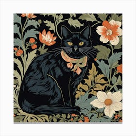 William Morris Style Cute Cat Black Collection Botanical Art Print Canvas Print