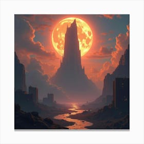 Titan Towering Above A Broken City, Sky Ablaze With Color 1 Canvas Print