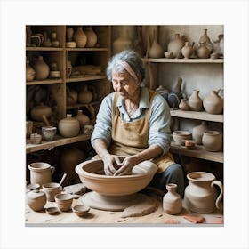 a skilled artisan creating handmade pottery, surrounded by a wheel, clay, and finished pieces. This craft-inspired art print is perfect for pottery enthusiasts and those who appreciate the beauty of handcrafted items, adding a touch of artisanal charm to home decor. Canvas Print