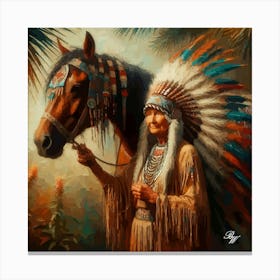 Elderly Native American Woman With Horse Canvas Print