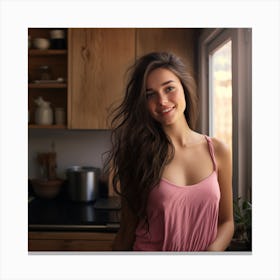 Young Beautiful Woman In Kitchen Canvas Print