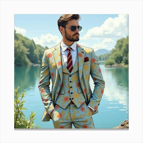 Dapper Man In Watercolor Suit, Tranquil Lakeside View 1 Canvas Print