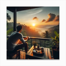 Man in balcony Looking At The Sunset Canvas Print