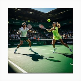 Tennis Match Captured In Mid Action Players Frozen Mid Swing With Rackets Poised To Strike Sunligh (1) 2 Canvas Print