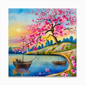 Cherry Blossoms By The Lake Canvas Print