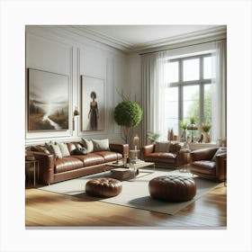 Living Room With Brown Leather Furniture 1 Canvas Print
