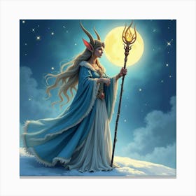 Enchanting Elf With A Moonlit Staff, Watercolor 1 Canvas Print