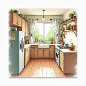 Artistic Watercolor Kitchen, Cozy, Inviting Atmosphere 1 Canvas Print