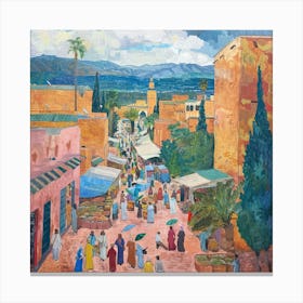 In Style of David Hockney. Outdoor Market in Marrakech . Canvas Print