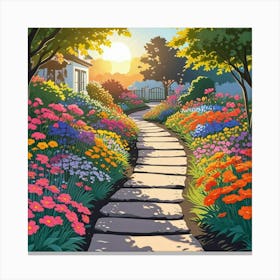 Colorful Landscape Painting With Flowering Daisies In Naive Art Style (1) Canvas Print