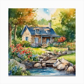 watercolor painting of a small stone house and flower garden with a blue river flowing Canvas Print