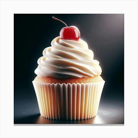 Scrumptious solitariness of a cupcake with a cherry on top, sitting on a table, with a spotlight shining down on it, making it glisten and look delectable Canvas Print