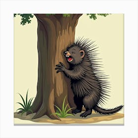 Playful Porcupine Climbing A Tree Trunk 2 Canvas Print