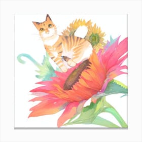 Cat On Sunflower Canvas Print