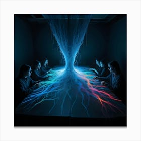 Six Women Sit At A Long Table With Their Hands Placed On The Surface, Connected By A Network Of Glowing Blue And Pink Lines That Converge Into A Central Point Above Canvas Print