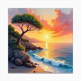 Romantic Watercolor Of An Italian Coastal Sunset With Warm, Glowing Hues 1 Canvas Print