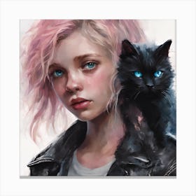 Girl With Pink Hair And A Black Cat Canvas Print