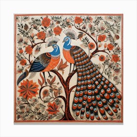 Peacocks In A Tree Madhubani Painting Indian Traditional Style Canvas Print