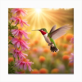 Ruby Throated Hummingbird Hovering Delicately Over Vibrant Flowers Extracting Nectar Backdrop Of I 984678035 Canvas Print