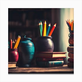 Earthenware pots, Pencils And Books Canvas Print
