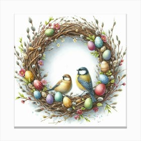 Easter Wreath With Two Birds And Dyed Eggs, Watercolor Painting Style Stampe su tela