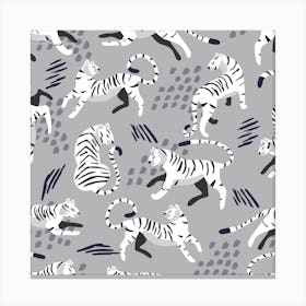 White Tiger Pattern On Gray With Decoration Square Canvas Print