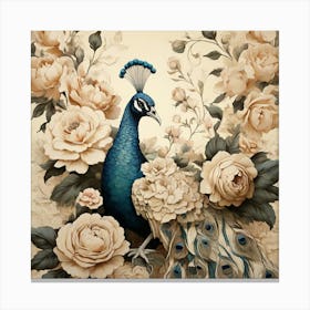 Cream Vintage Floral Peacock Wallpaper Art Print 3 Canvas Print