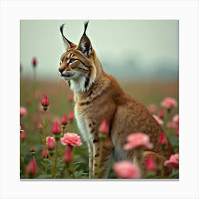 Lynx In A Field Of Wild Roses 1 Canvas Print