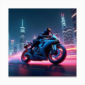 Super Bike Speeding Through A Neon Lit Cityscape At Night 1 Canvas Print