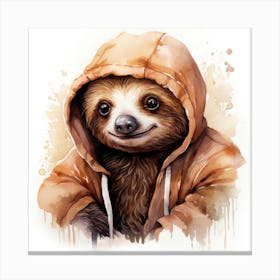 Watercolour Cartoon Sloth In A Hoodie 3 Canvas Print