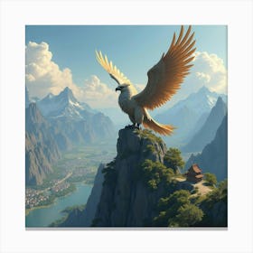 A Noble Griffin Perched On A Mountain Peak, Overlooking A Sprawling Kingdom 1 Canvas Print