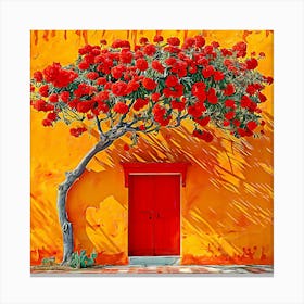 Red Tree In Front Of House Canvas Print