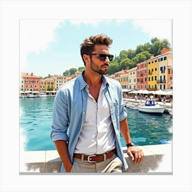 Stylish Italian Man In Watercolor, Enjoying A Day At A Classic Mediterranean Harbor Canvas Print