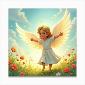 Angel In A Serene Watercolor Meadow, Radiant Colors 1 Canvas Print