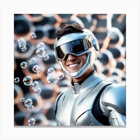 3d Dslr Photography, Model Shot, Man From The Future Smiling Chasing Bubbles Wearing Futuristic Suit Designed By Apple, Digital Helmet, Sport S Car In Background, Beautiful Detailed Eyes, Professional Award Winni Canvas Print