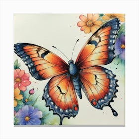 Bright Vintage Butterfly With Flowers Canvas Print