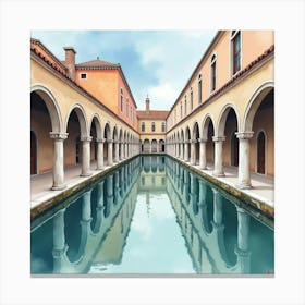 Elegant Watercolor Of A Venetian Palace With Grand Arches And Reflections 1 Canvas Print