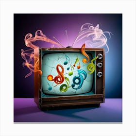 A Vibrant, Surrealistic Portrait Photograph Depicting A Vintage, Wooden Cased Television Set With A Distressed, Retro Aesthetic, Placed Against A Dark, Gradient Blue Background That Fades To Purple Hues, As If The Tv Is Radiating Beautiful Notes 1 Canvas Print