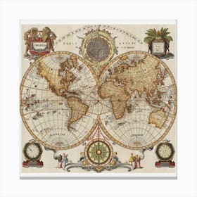 A captivating art print featuring an antique world map with intricate details and vintage aesthetics. This timeless and sophisticated art print adds a touch of wanderlust and historical charm to home decor, making it an ideal choice for travel enthusiasts and those with a love for classic design Canvas Print