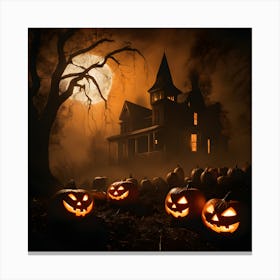 Eerie Halloween Scene with Carved Pumpkins and Full Moon Canvas Print