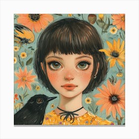 Girl With Crow Canvas Print
