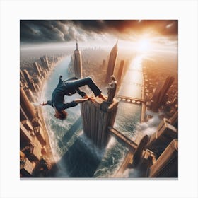 Man Flying Over A City Canvas Print