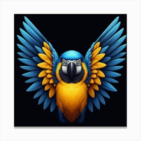 A Stunningly Detailed and Vibrant Digital Painting of a Blue-and-Yellow Macaw Parrot with Its Wings Spread Wide, Set Against a Solid Black Background, Created Using Advanced AI Technology. Canvas Print