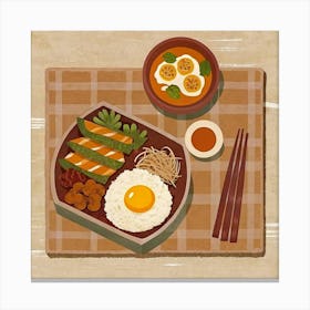 Japanese Bento Box With Rice, Vegetables, And Soup Canvas Print