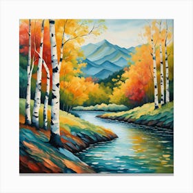 Nature Whisper: Serene River Journey Through a Birch Forest wall art. Canvas Print