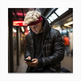 Young Man Using Cell Phone In Subway Station Canvas Print