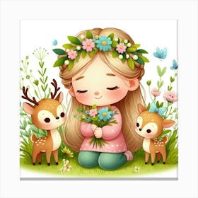 Little Girl With Deer And Flowers Canvas Print