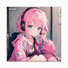 A small girl having blue eyes and pink hair, wearing a pink jacket, listening to her headphone while sitting on her chair. Canvas Print